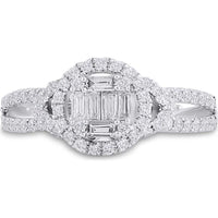 GND 14K White Gold Halo Ring with Prong-Set Baguette and Round Diamonds - 0.75 Carat Total Diamond Weight