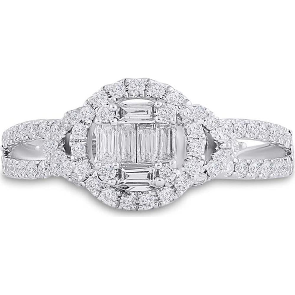 GND 14K White Gold Halo Ring with Prong-Set Baguette and Round Diamonds - 0.75 Carat Total Diamond Weight