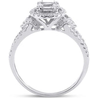 GND 14K White Gold Halo Ring with Prong-Set Baguette and Round Diamonds - 0.75 Carat Total Diamond Weight