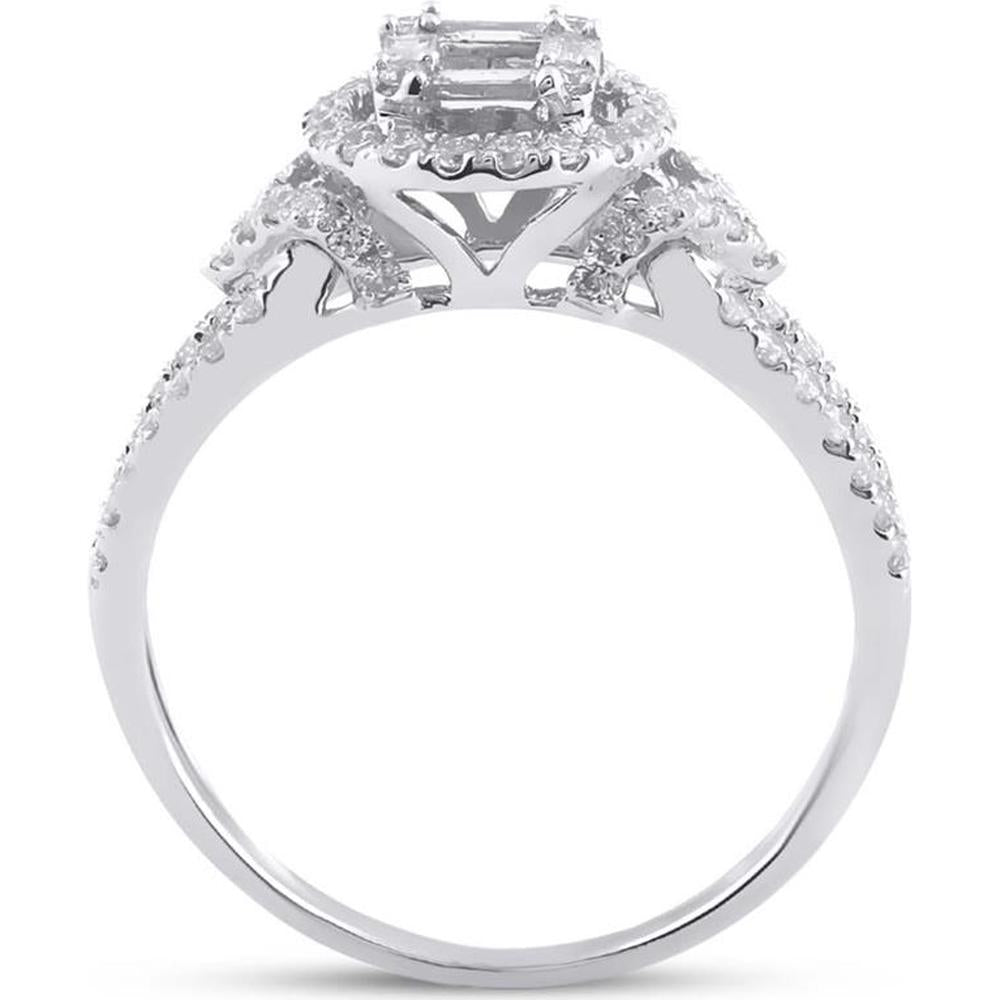 GND 14K White Gold Halo Ring with Prong-Set Baguette and Round Diamonds - 0.75 Carat Total Diamond Weight