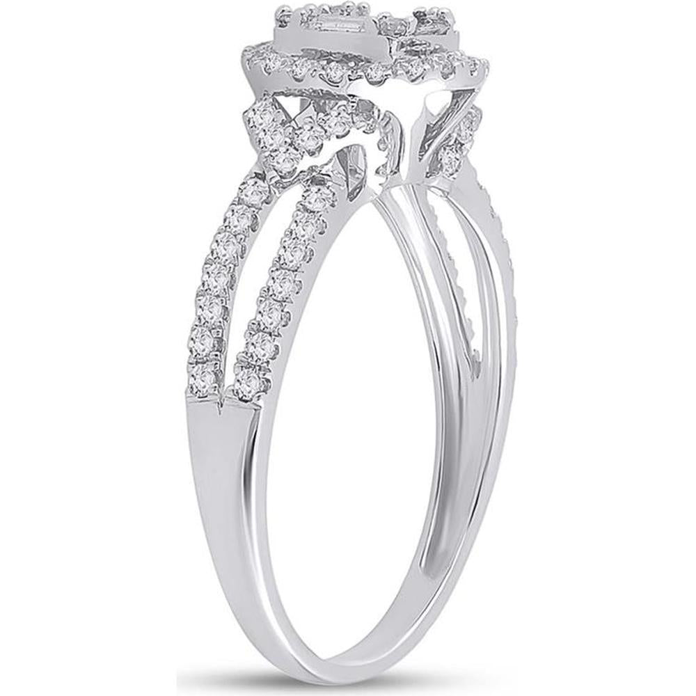 GND 14K White Gold Halo Ring with Prong-Set Baguette and Round Diamonds - 0.75 Carat Total Diamond Weight