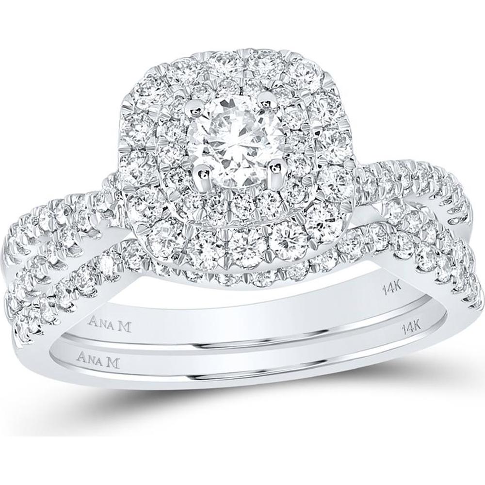 GND 14K White Gold Halo Wedding Ring Set with Prong-Set Round Diamonds - 1 Carat Total Diamond Weight