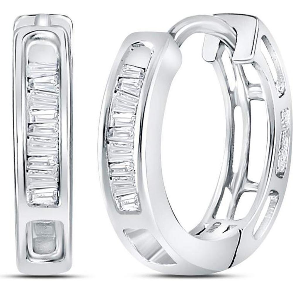GND 14K White Gold Huggie Hoop Earrings with Channel-Set Baguette Diamonds - 1/6 Carat Total Diamond Weight
