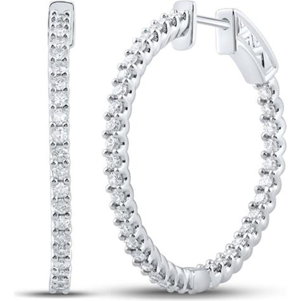 GND 14K White Gold In-Out Hoop Earrings with Prong-Set Round Diamonds – 1.50 Carat Total Diamond Weight