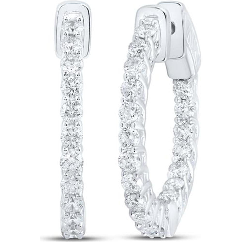 GND 14K White Gold In Out Hoop Earrings with Prong Set Round Diamonds - 2.06 Carat Total Diamond Weight