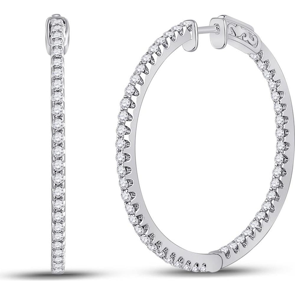 GND 14K White Gold Large Hoop Earrings with Pave-Set Round Diamonds - 1.5 Carat Total Diamond Weight