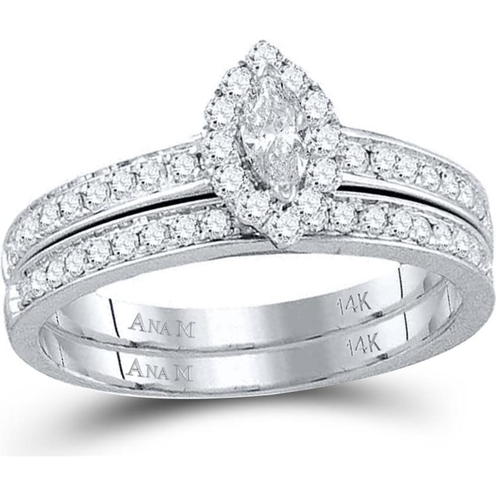 GND 14K White Gold Marquise Diamond Bridal Wedding Ring Set with Round Diamond Halo - 5/8 Total Carat Weight