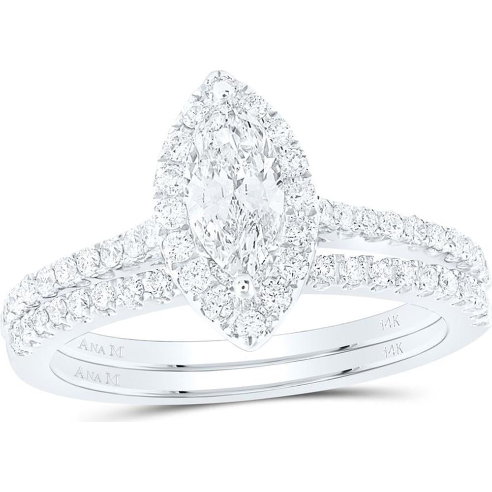 GND 14K White Gold Marquise Diamond Halo Bridal Wedding Ring Set - 1.00 Carat Total Diamond Weight