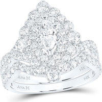 GND 14K White Gold Marquise Diamond Halo Bridal Wedding Ring Set - 1-7/8 Total Carat Weight