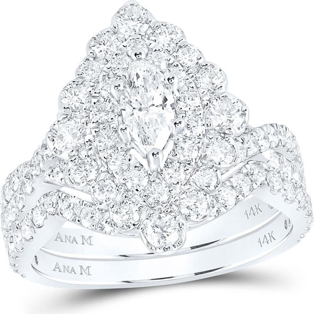 GND 14K White Gold Marquise Diamond Halo Bridal Wedding Ring Set - 1-7/8 Total Carat Weight