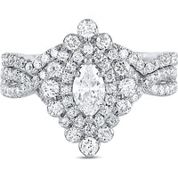 GND 14K White Gold Marquise Diamond Halo Bridal Wedding Ring Set - 1-7/8 Total Carat Weight