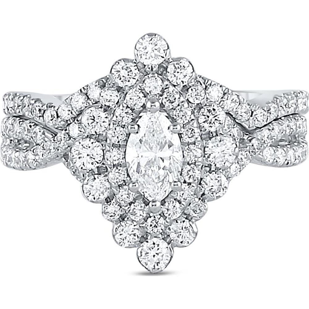 GND 14K White Gold Marquise Diamond Halo Bridal Wedding Ring Set - 1-7/8 Total Carat Weight