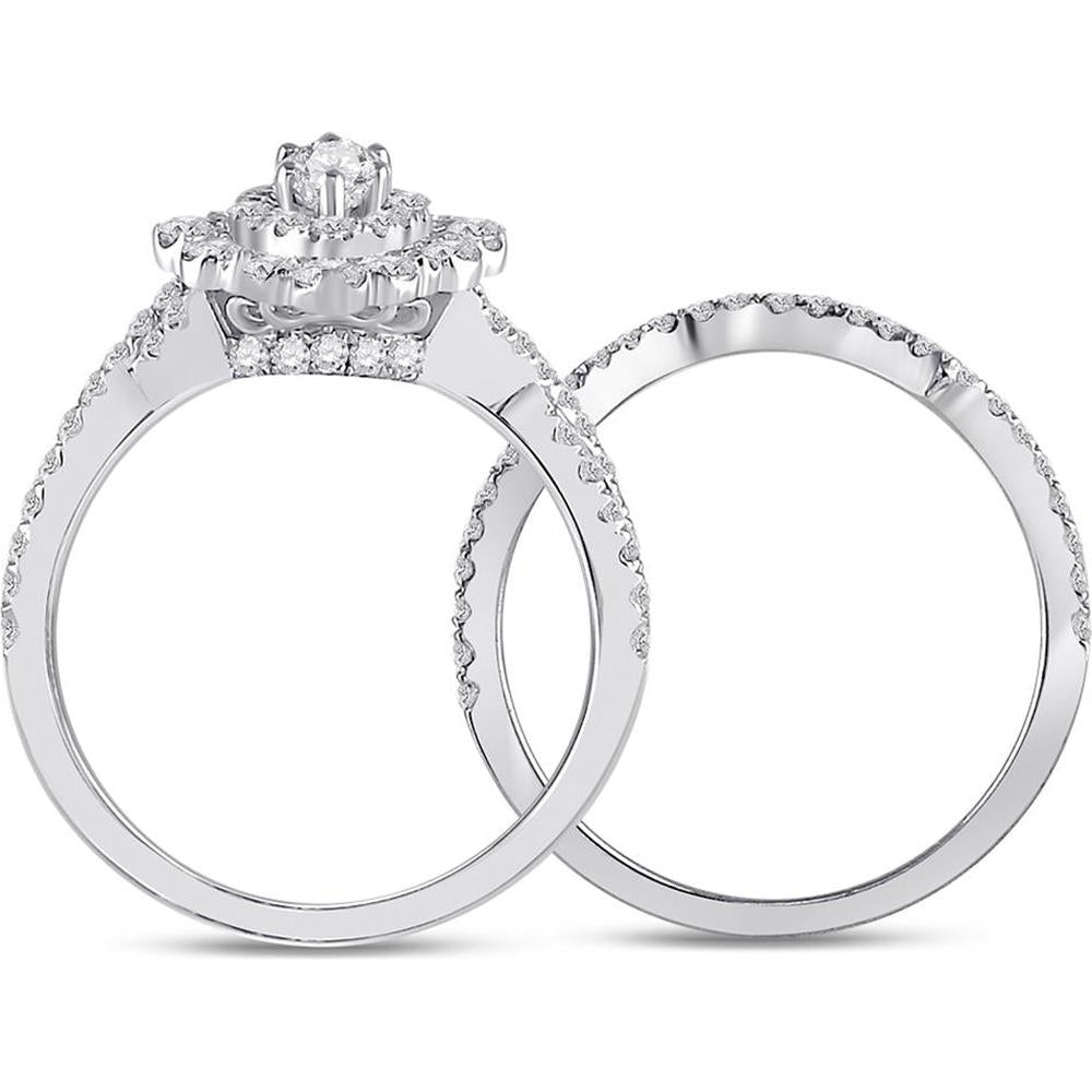 GND 14K White Gold Marquise Diamond Halo Bridal Wedding Ring Set - 1-7/8 Total Carat Weight