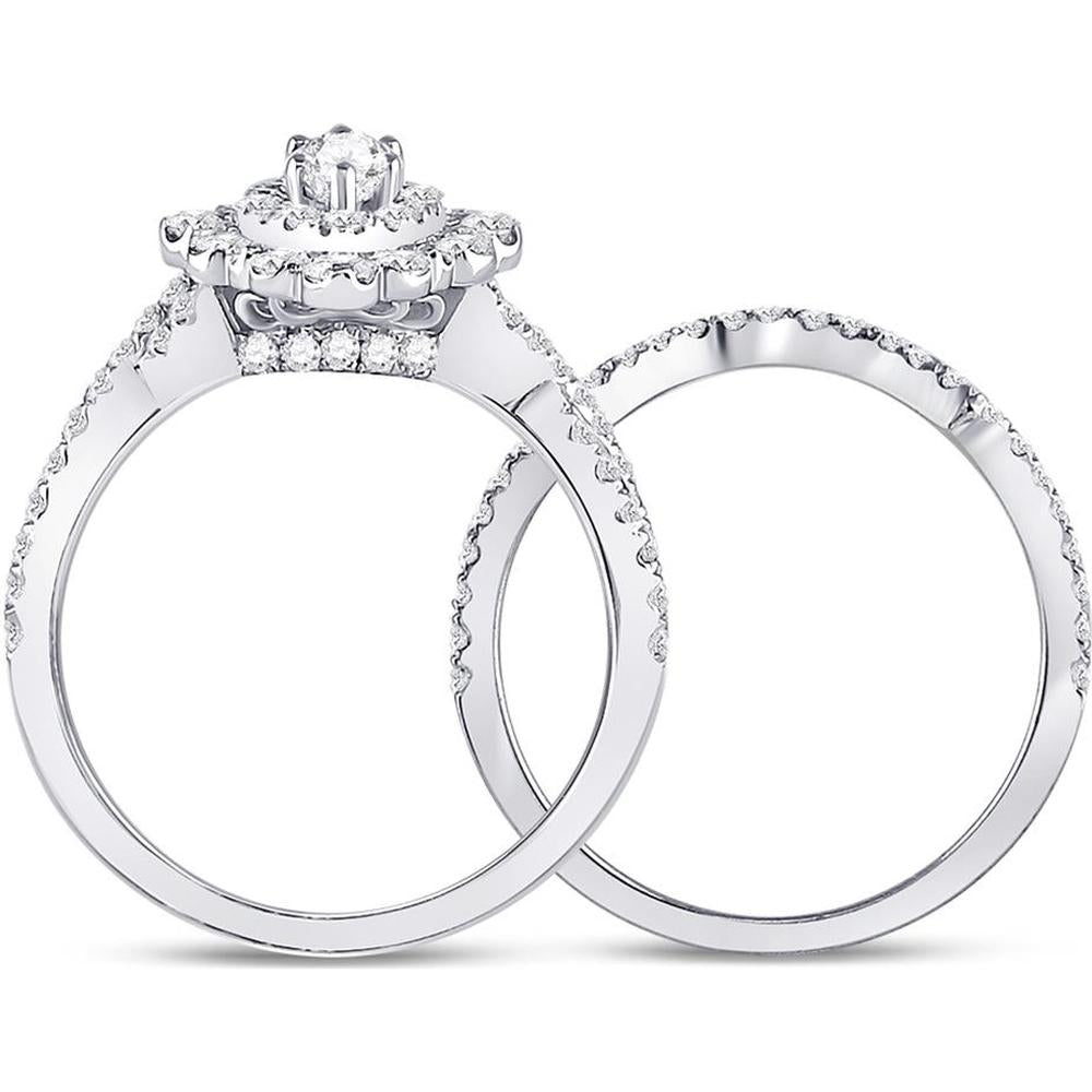 GND 14K White Gold Marquise Diamond Halo Bridal Wedding Ring Set - 1-7/8 Total Carat Weight