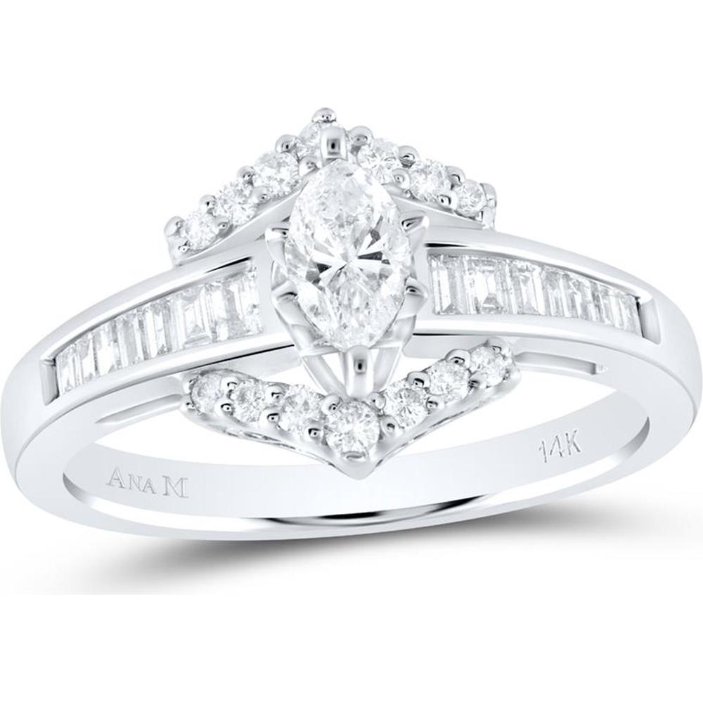 GND 14K White Gold Marquise Diamond Solitaire Engagement Ring with Channel-Set Baguette and Round Diamonds – 3/4 Total Carat Weight