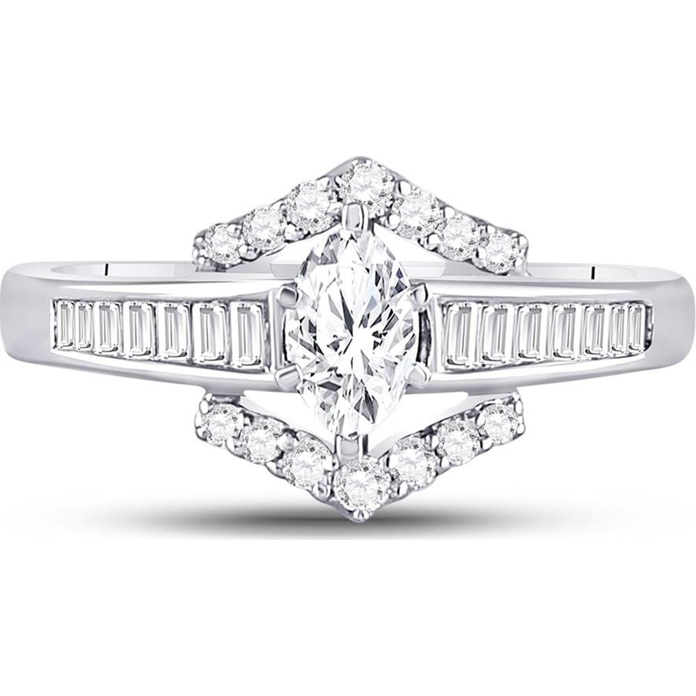 GND 14K White Gold Marquise Diamond Solitaire Engagement Ring with Channel-Set Baguette and Round Diamonds – 3/4 Total Carat Weight