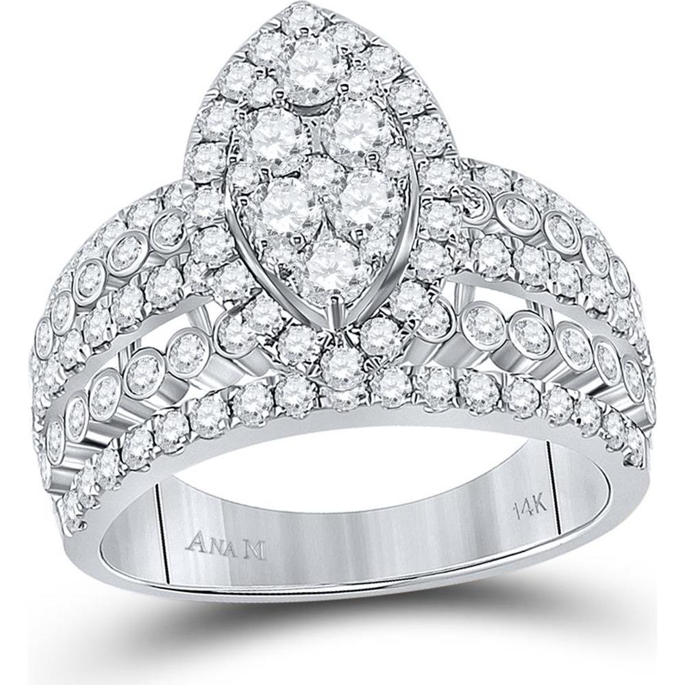 GND 14K White Gold Marquise-Shape Cluster Ring with Illusion-Set Round Diamonds - 1-3/4 Carat Total Diamond Weight