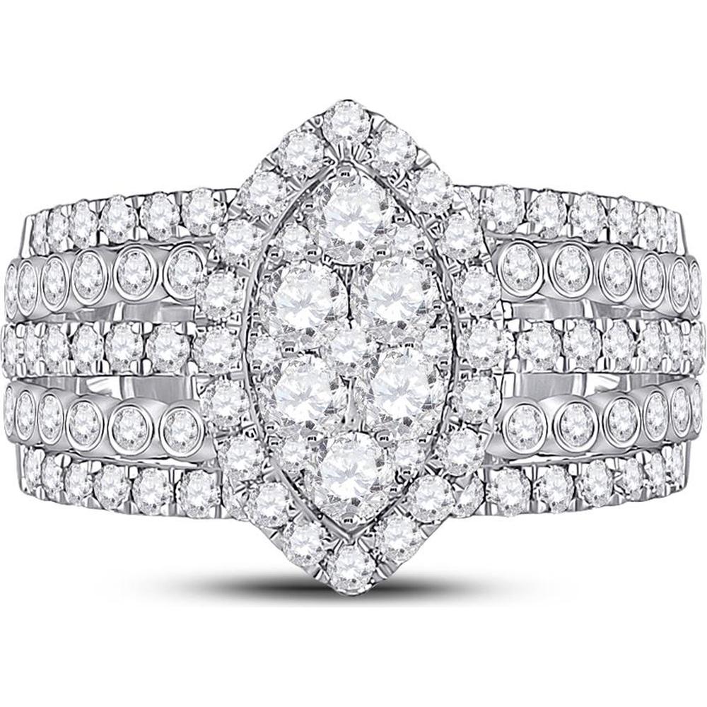 GND 14K White Gold Marquise-Shape Cluster Ring with Illusion-Set Round Diamonds - 1-3/4 Carat Total Diamond Weight