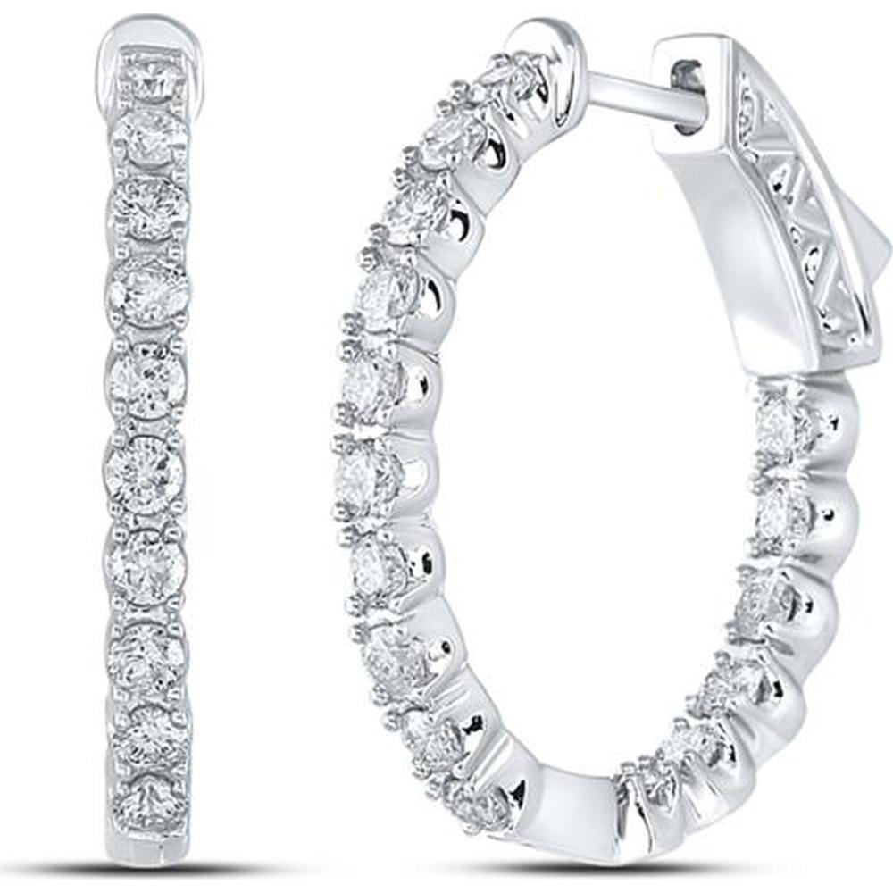 GND 14K White Gold Medium Hoop Earrings with Prong-Set Round Diamonds - 1.01 Carat Total Diamond Weight