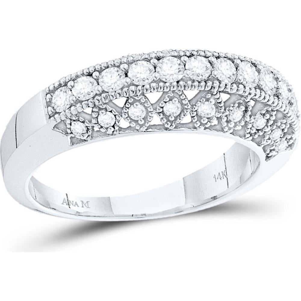 GND 14K White Gold Milgrain Band Ring with Pave-Set Round Diamonds - 0.54 Carat Total Diamond Weight