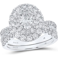 GND 14K White Gold Oval and Round Diamond Halo Bridal Wedding Ring Set - 2 Carat Total Diamond Weight