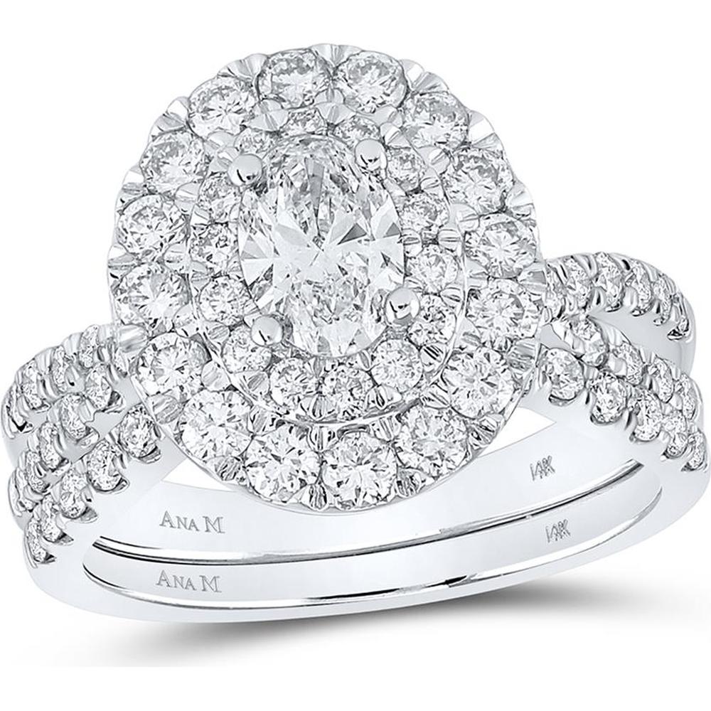 GND 14K White Gold Oval and Round Diamond Halo Bridal Wedding Ring Set - 2 Carat Total Diamond Weight
