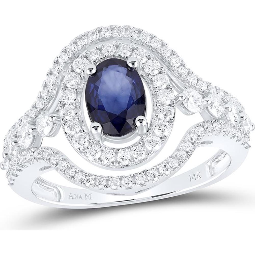 GND 14K White Gold Oval Blue Sapphire and Diamond Halo Ring - 1.47 Carat Total Carat Weight