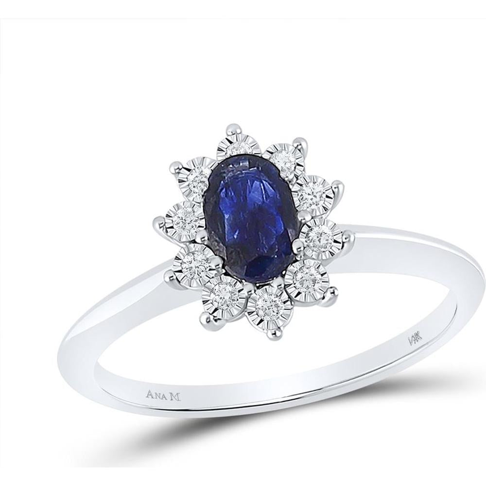 GND 14K White Gold Oval Blue Sapphire Halo Ring with Illusion-Set Round Diamonds - 0.72 Carat Total Gemstone Weight