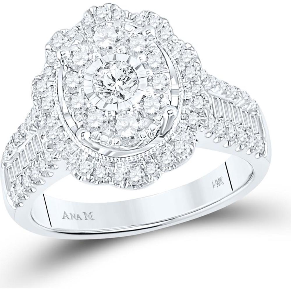 GND 14K White Gold Oval Cluster Right Hand Ring with Round and Baguette Diamonds - 1.50 Carat Total Diamond Weight