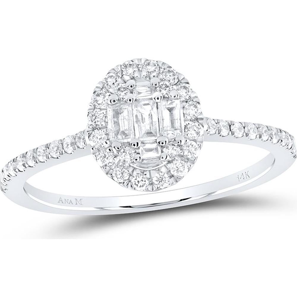 GND 14K White Gold Oval Cluster Ring with Channel-Set Baguette and Pave Round Diamonds - 1/3 Total Carat Weight