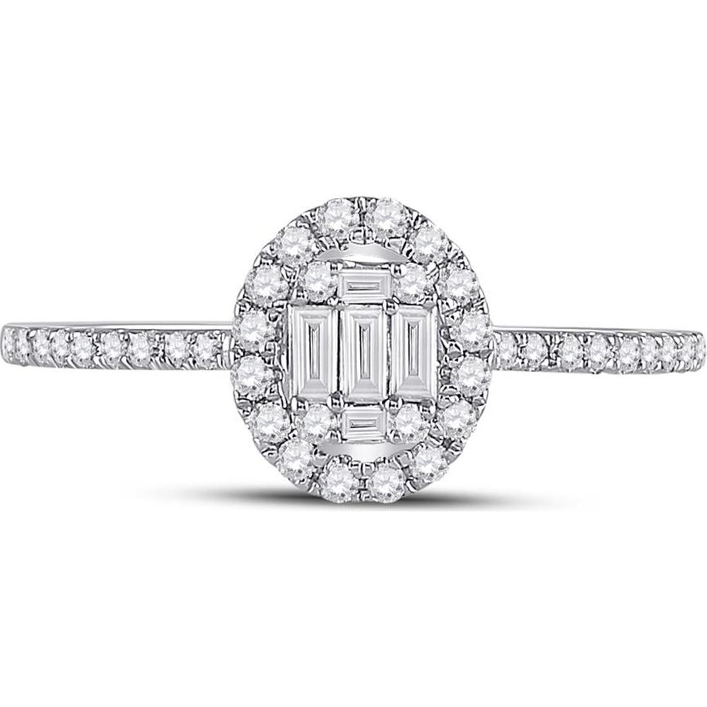 GND 14K White Gold Oval Cluster Ring with Channel-Set Baguette and Pave Round Diamonds - 1/3 Total Carat Weight