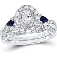 GND 14K White Gold Oval Diamond Bridal Wedding Ring Set with Blue Sapphires – 7/8 Carat Total Diamond Weight