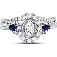 GND 14K White Gold Oval Diamond Bridal Wedding Ring Set with Blue Sapphires – 7/8 Carat Total Diamond Weight