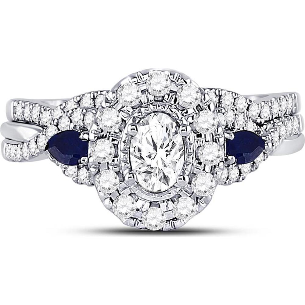 GND 14K White Gold Oval Diamond Bridal Wedding Ring Set with Blue Sapphires – 7/8 Carat Total Diamond Weight