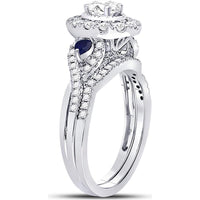 GND 14K White Gold Oval Diamond Bridal Wedding Ring Set with Blue Sapphires – 7/8 Carat Total Diamond Weight