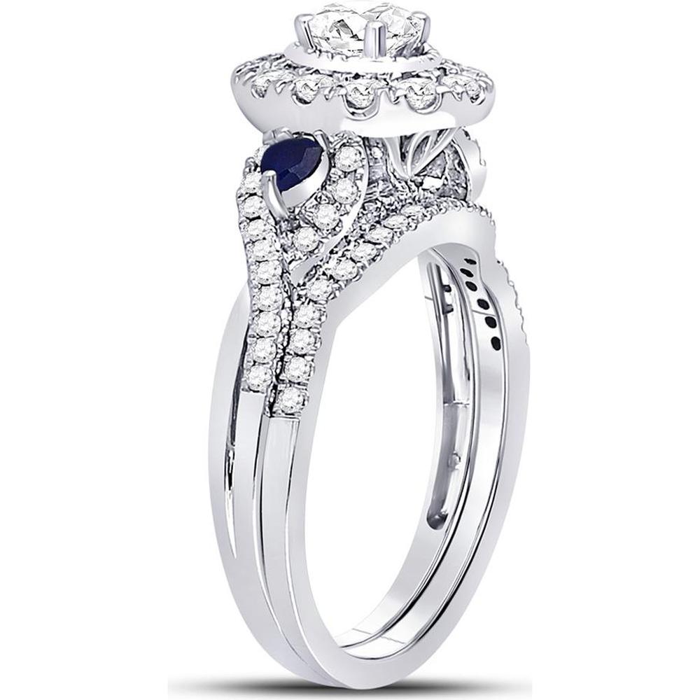 GND 14K White Gold Oval Diamond Bridal Wedding Ring Set with Blue Sapphires – 7/8 Carat Total Diamond Weight