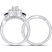 GND 14K White Gold Oval Diamond Bridal Wedding Ring Set with Blue Sapphires – 7/8 Carat Total Diamond Weight