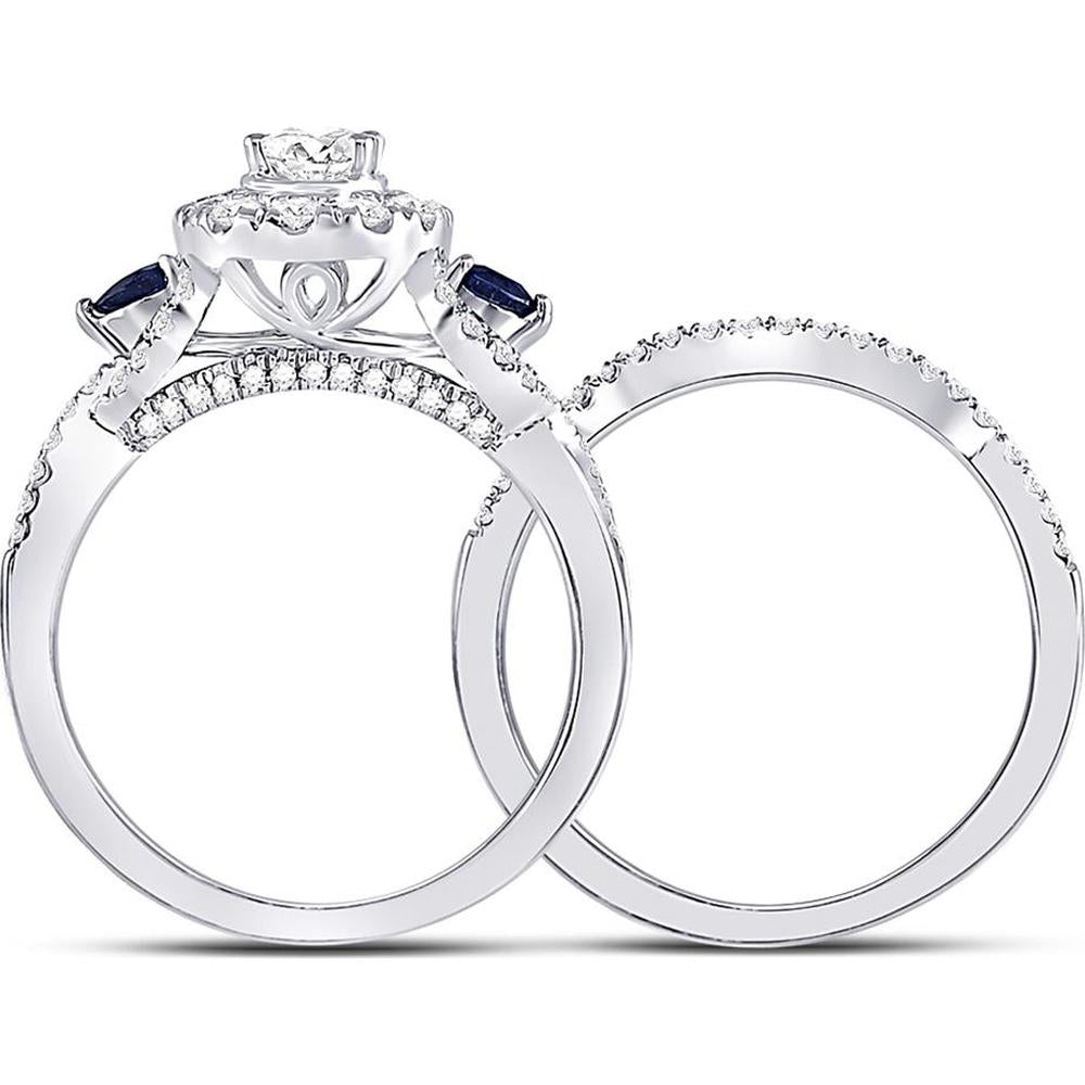 GND 14K White Gold Oval Diamond Bridal Wedding Ring Set with Blue Sapphires – 7/8 Carat Total Diamond Weight