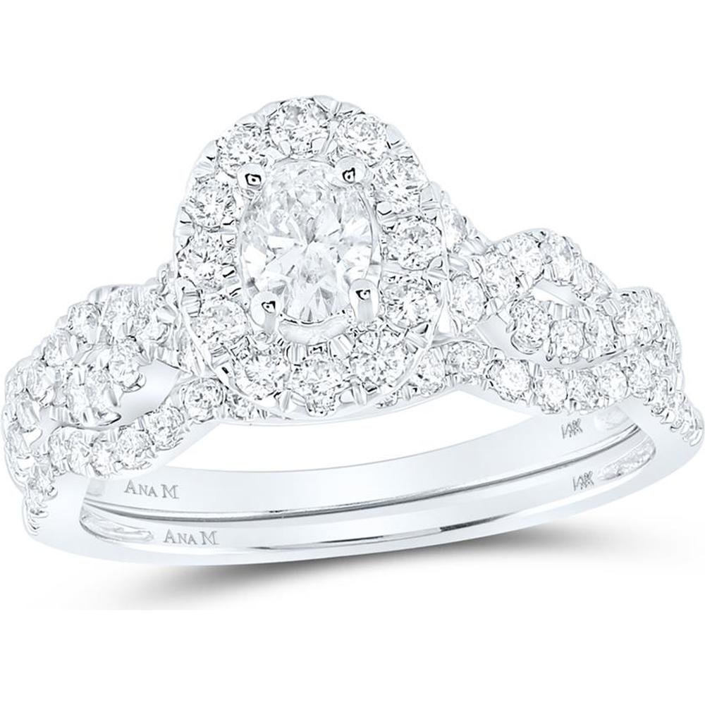 GND 14K White Gold Oval Diamond Bridal Wedding Ring Set with Halo and Braided Round Diamond Band - 1.0 Carat Total Diamond Weight