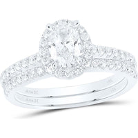 GND 14K White Gold Oval Diamond Bridal Wedding Ring Set with Halo and Pave Diamonds - 1-1/3 Carat Total Diamond Weight