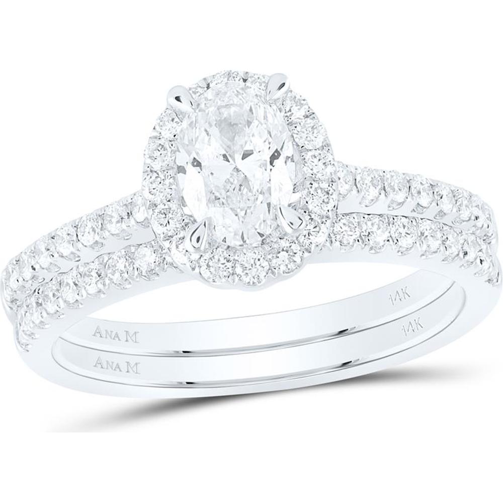 GND 14K White Gold Oval Diamond Bridal Wedding Ring Set with Halo and Pave Diamonds - 1-1/3 Carat Total Diamond Weight