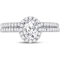 GND 14K White Gold Oval Diamond Bridal Wedding Ring Set with Halo and Pave Diamonds - 1-1/3 Carat Total Diamond Weight