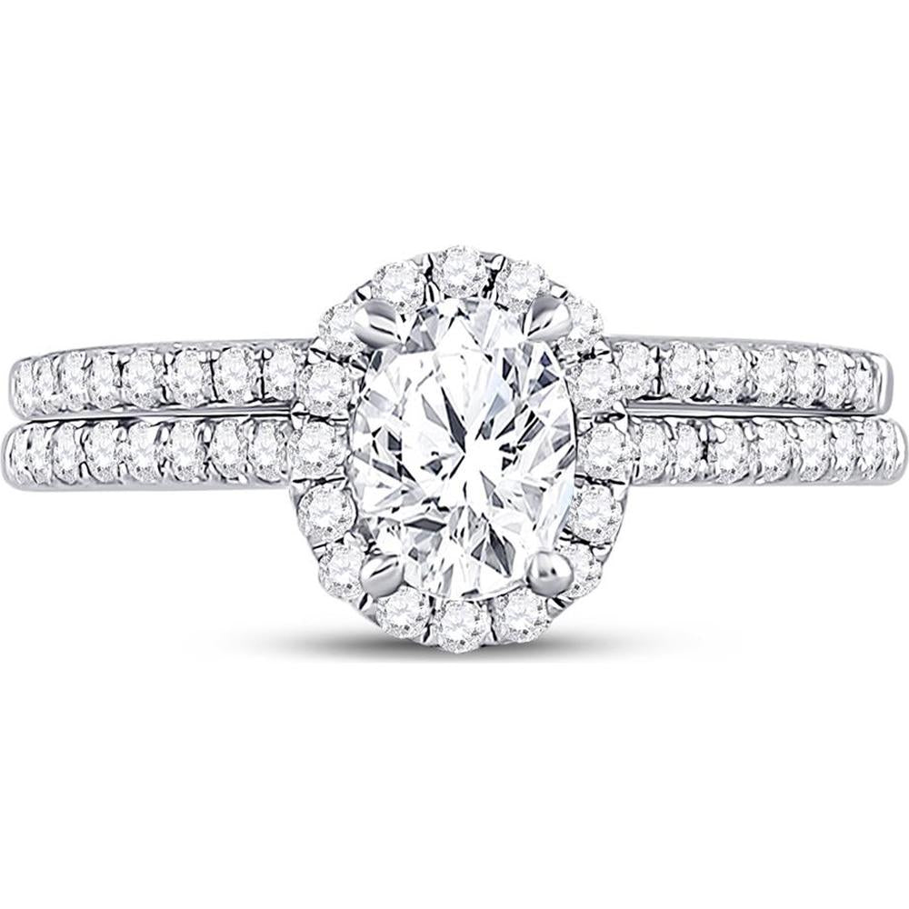 GND 14K White Gold Oval Diamond Bridal Wedding Ring Set with Halo and Pave Diamonds - 1-1/3 Carat Total Diamond Weight