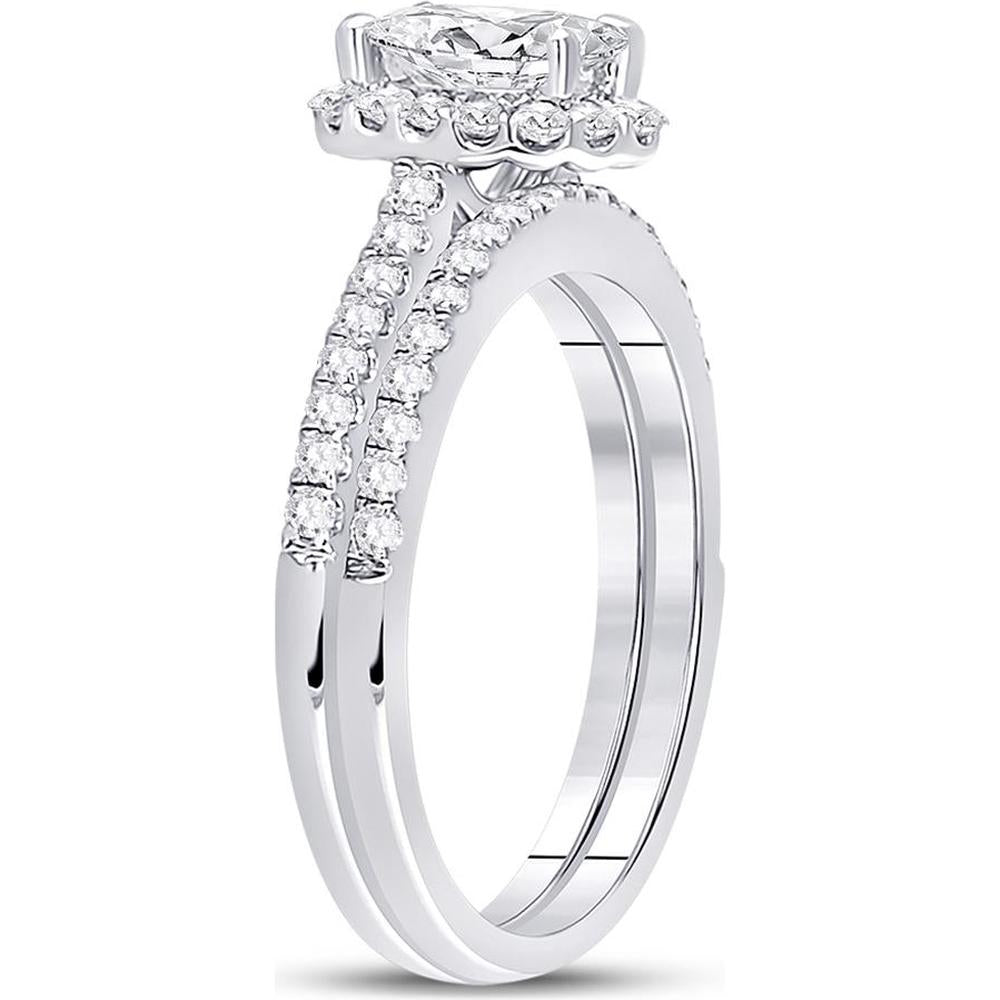 GND 14K White Gold Oval Diamond Bridal Wedding Ring Set with Halo and Pave Diamonds - 1-1/3 Carat Total Diamond Weight
