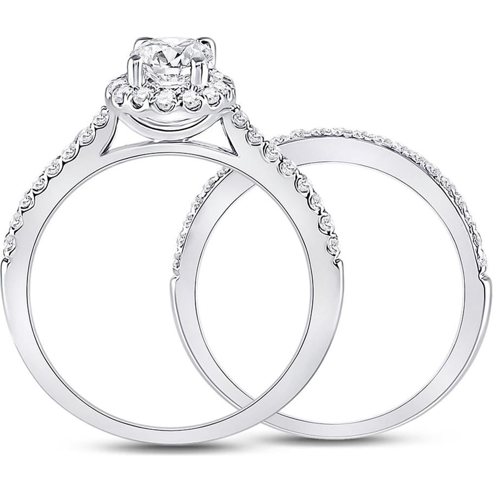 GND 14K White Gold Oval Diamond Bridal Wedding Ring Set with Halo and Pave Diamonds - 1-1/3 Carat Total Diamond Weight