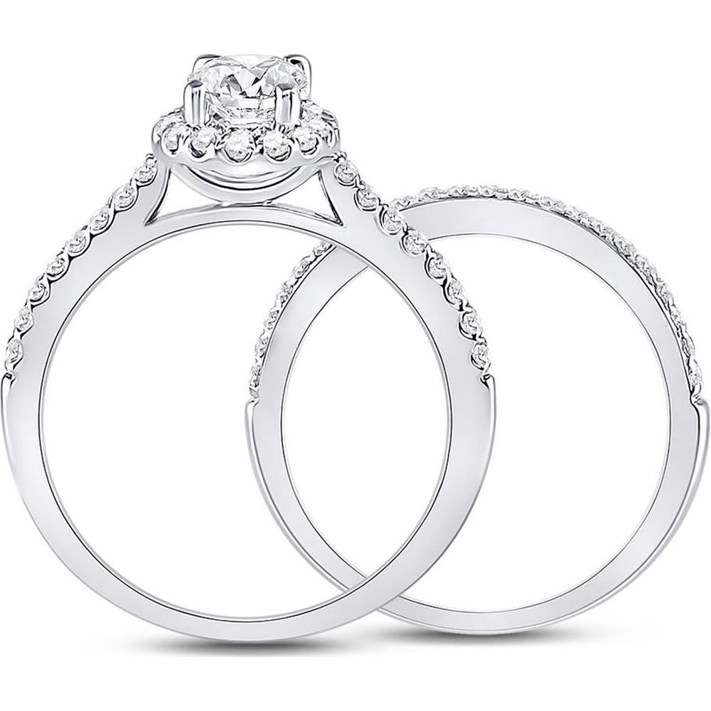 GND 14K White Gold Oval Diamond Bridal Wedding Ring Set with Halo and Pave Diamonds - 1-1/3 Carat Total Diamond Weight