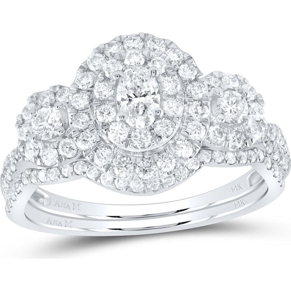 GND 14K White Gold Oval Diamond Bridal Wedding Ring Set with Halo and Round Diamonds - 1.01 Carat Total Diamond Weight