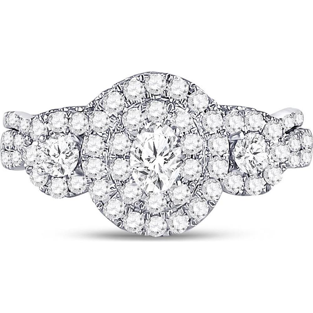 GND 14K White Gold Oval Diamond Bridal Wedding Ring Set with Halo and Round Diamonds - 1.01 Carat Total Diamond Weight