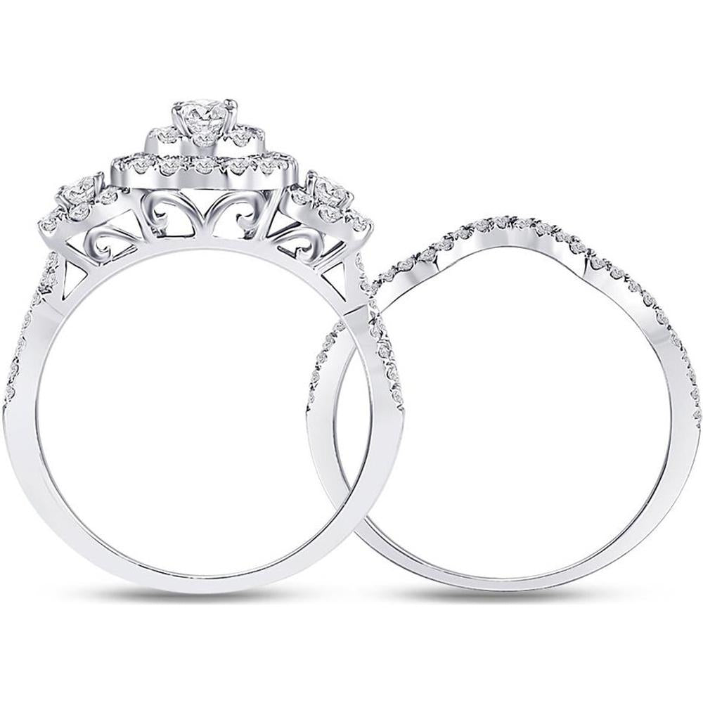 GND 14K White Gold Oval Diamond Bridal Wedding Ring Set with Halo and Round Diamonds - 1.01 Carat Total Diamond Weight