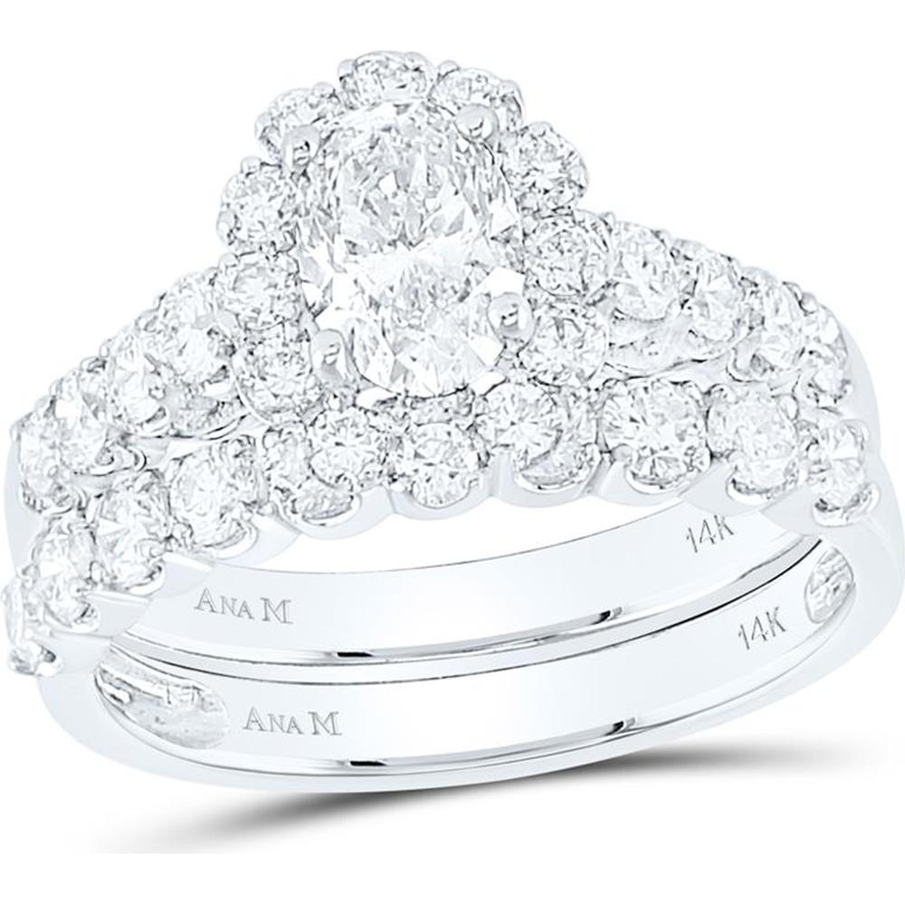 GND 14K White Gold Oval Diamond Bridal Wedding Ring Set with Halo and Round Prong Set Diamonds - 2.00 Carat Total Diamond Weight
